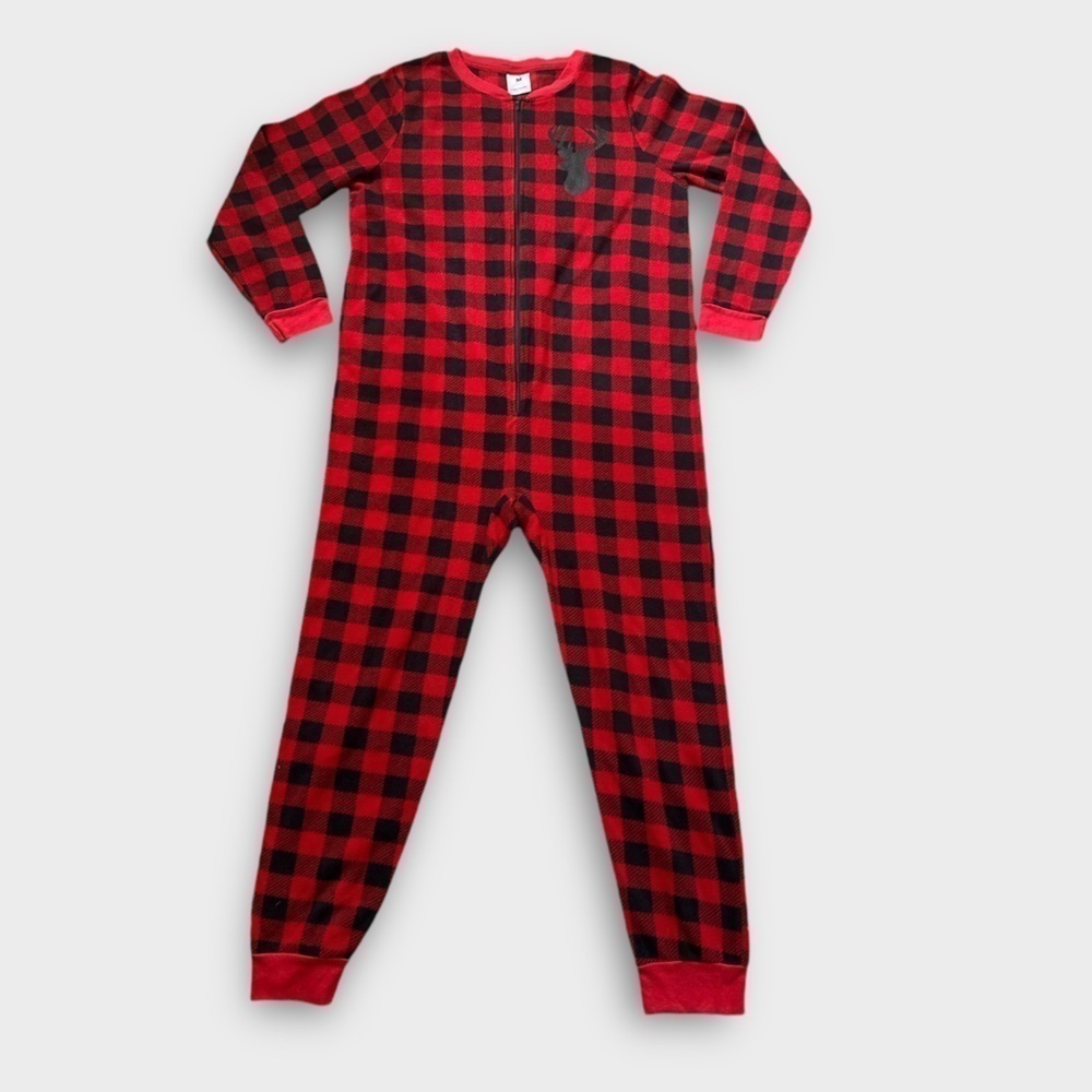 Buffalo Plaid Moose Fleece Union Suit Pajamas Red Black Men’s M